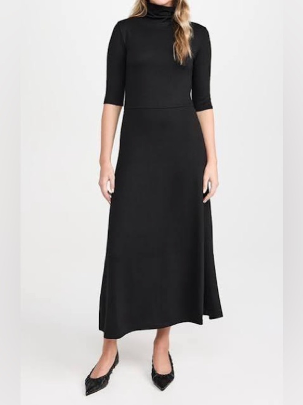 Vince Black Elbow Sleeve Turtleneck Midi Dress High Neck A Line Medium